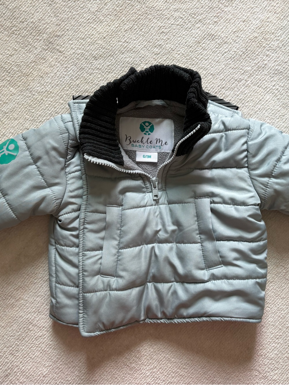 Buckle Me Baby Coat Ice Blue Puffer Jacket with Black Ribbed Collar